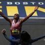 2014 men?s Boston Marathon winner Meb Keflezighi at the finish line. 